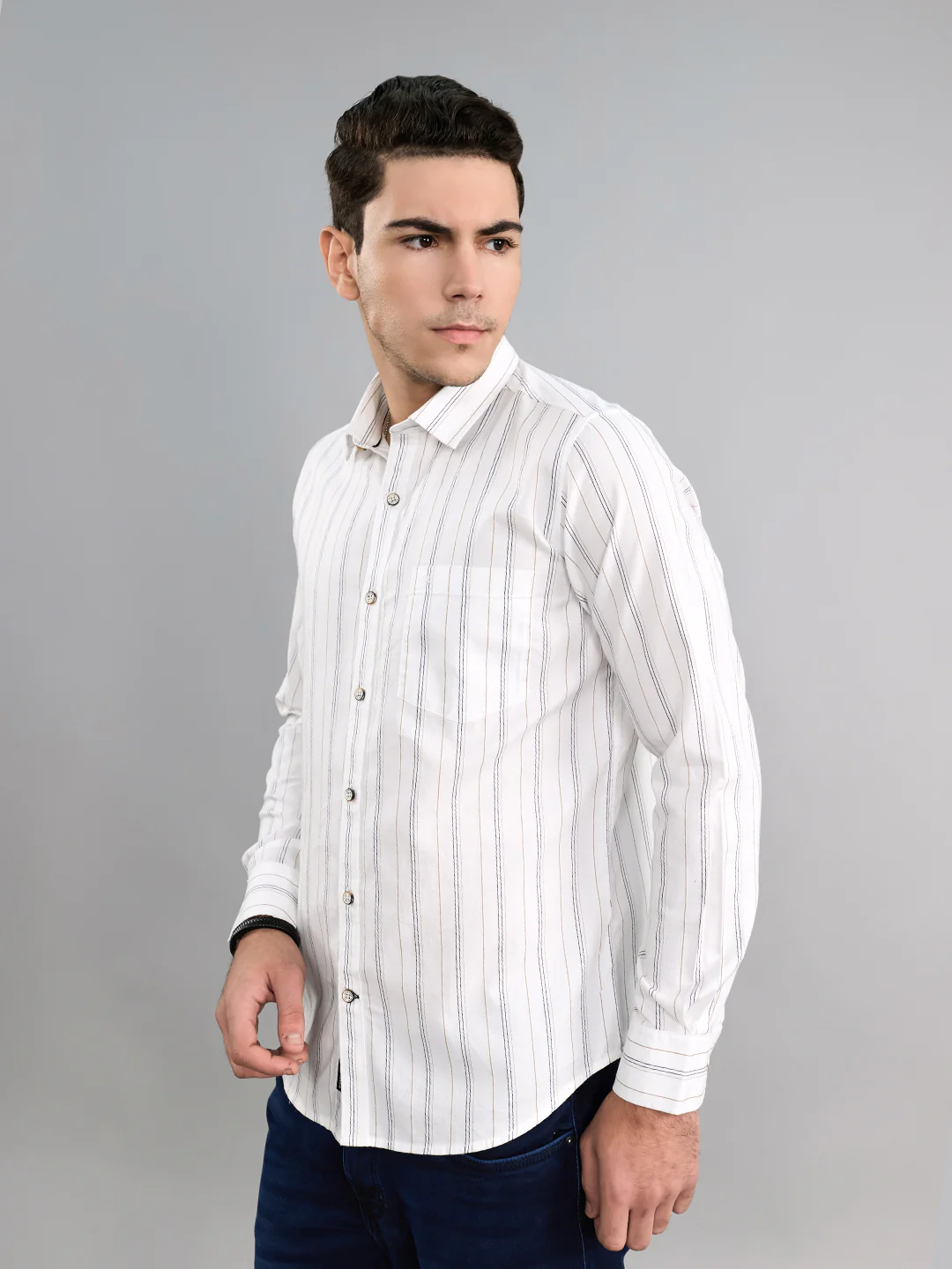 Men White Stripe Collar Full Sleeve Shirt - Image 3