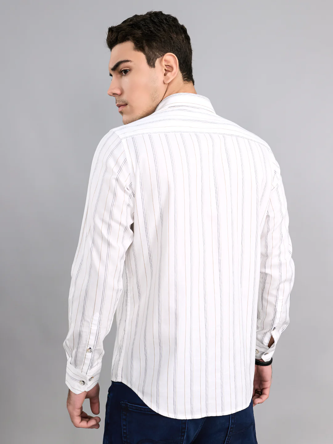 Men White Stripe Collar Full Sleeve Shirt - Image 4