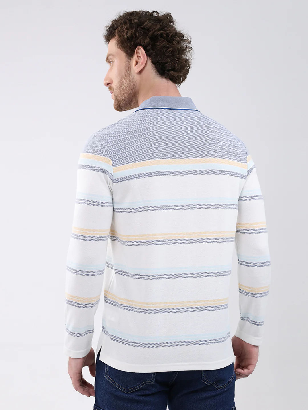 Men White Stripe Collar Full Sleeve Winter T-Shirt - Image 5