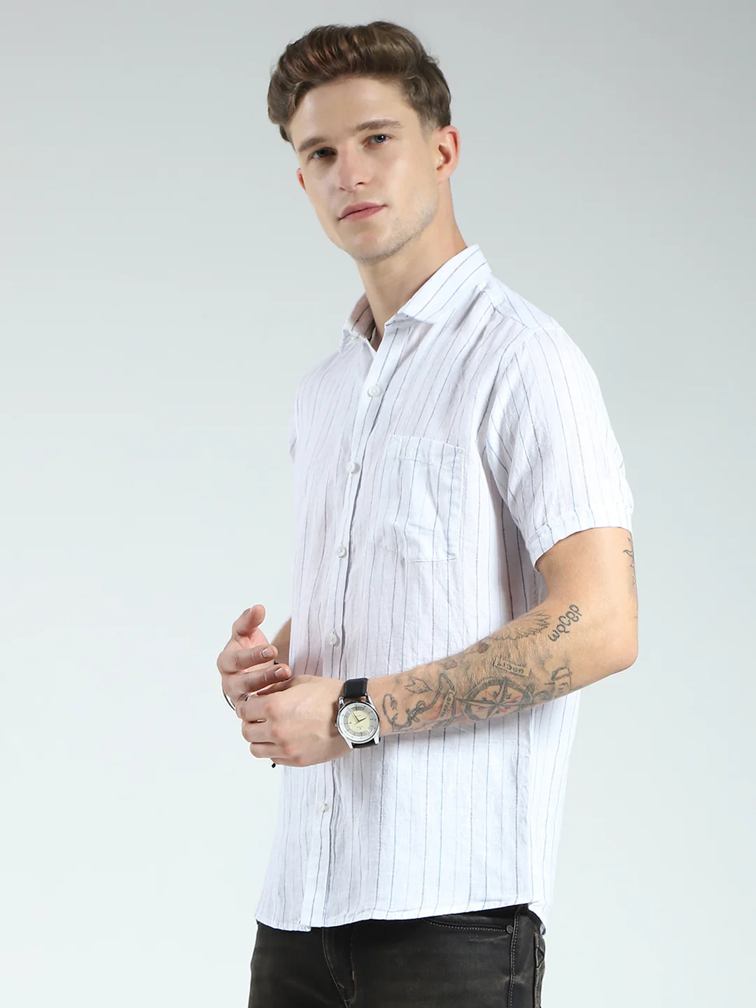 Men White Stripe Collar Half Sleeve Linen Shirt - Image 3