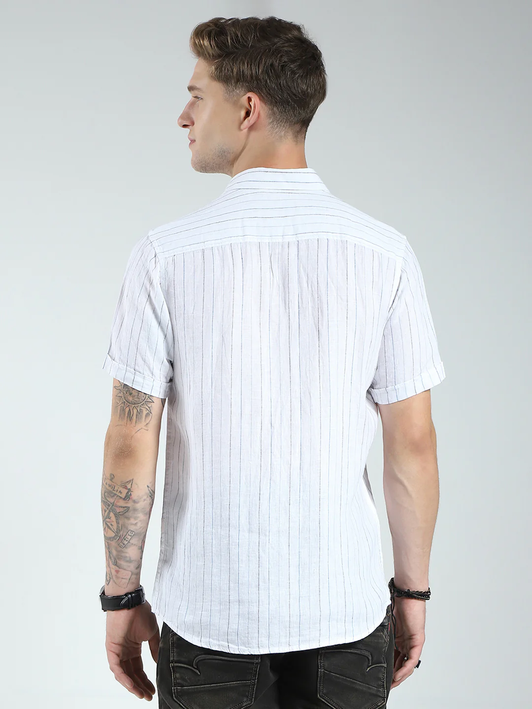 Men White Stripe Collar Half Sleeve Linen Shirt - Image 5