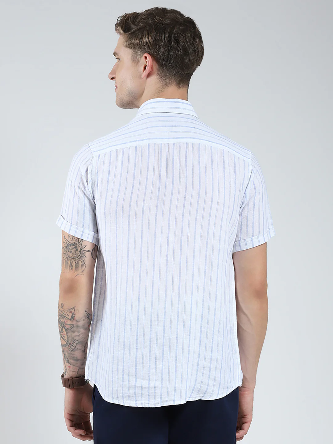 Men White Stripe Collar Half Sleeve Linen Shirt - Image 5
