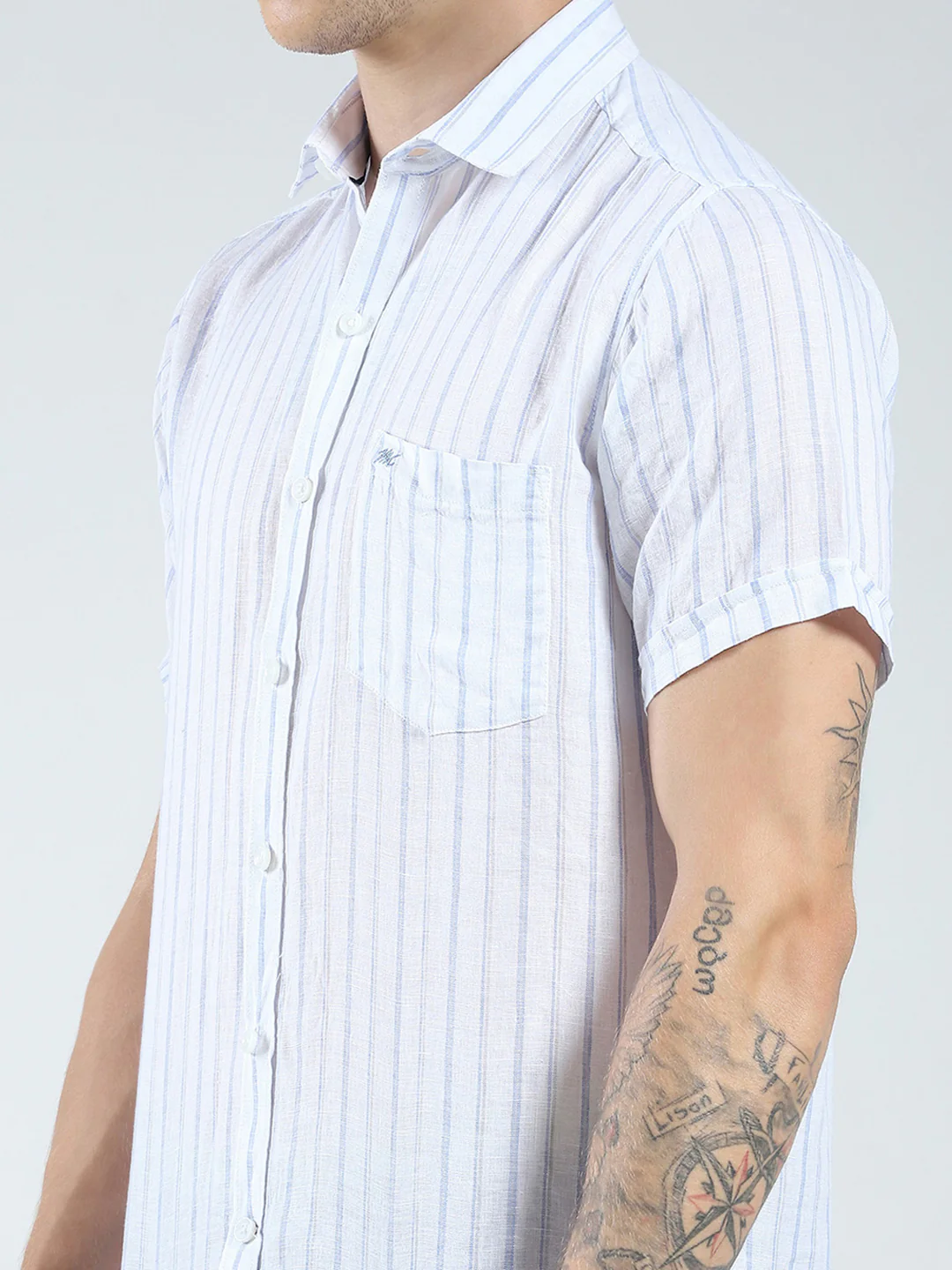 Men White Stripe Collar Half Sleeve Linen Shirt - Image 7