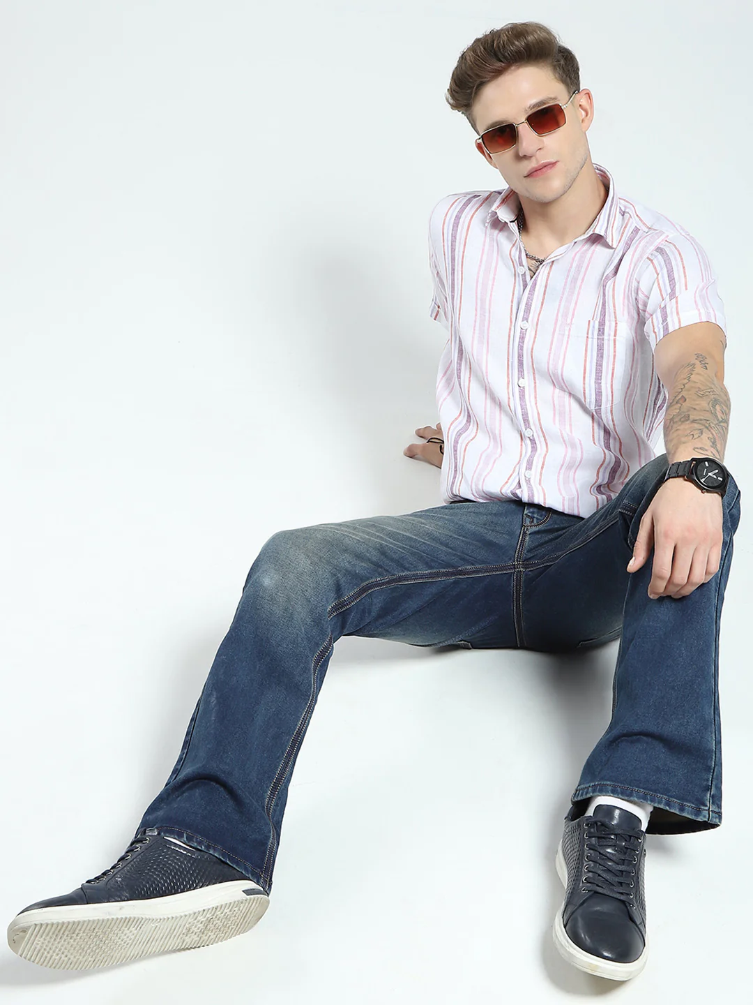 Men White Stripe Collar Half Sleeve Linen Shirt - Image 2