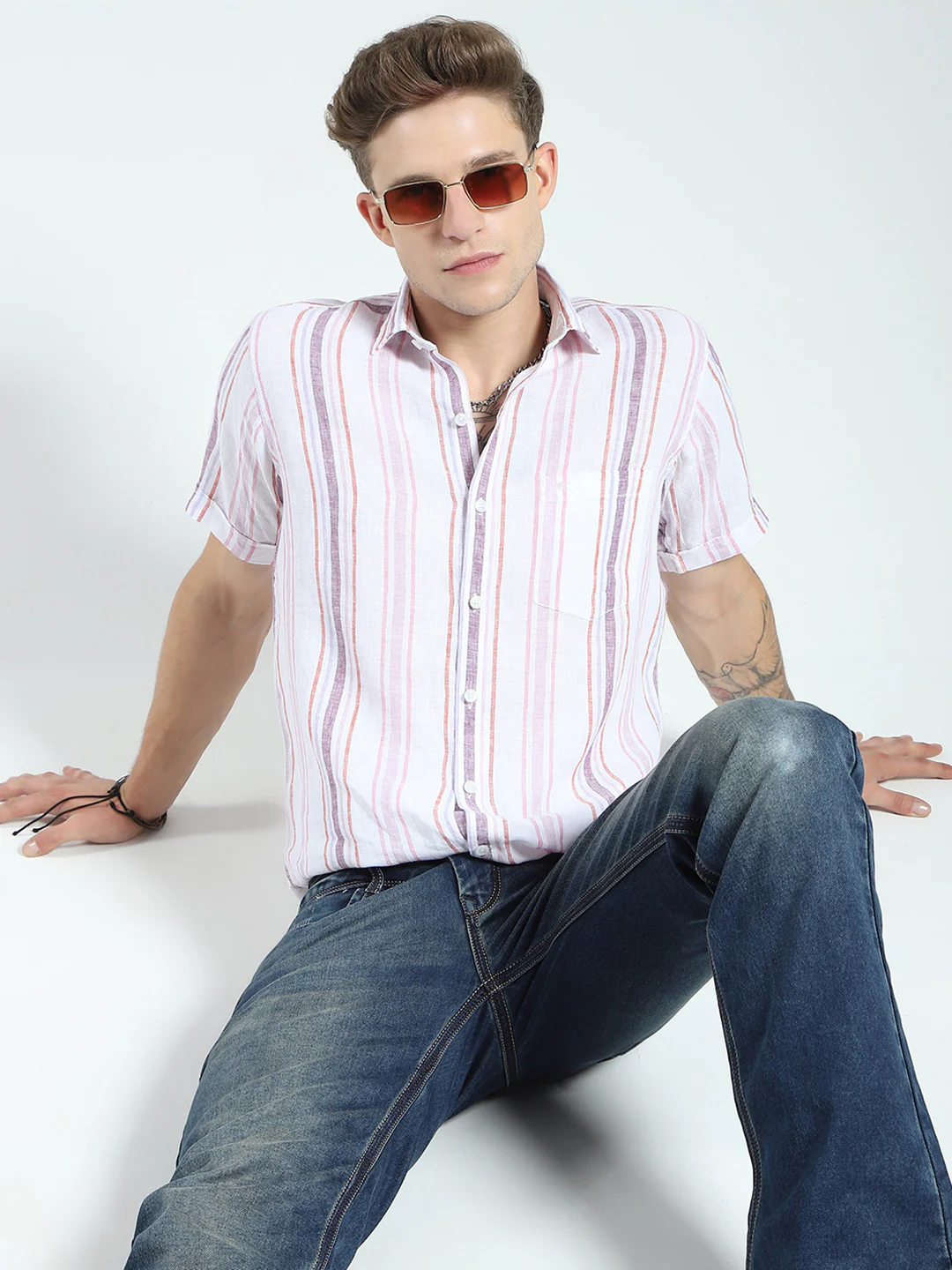 Men White Stripe Collar Half Sleeve Linen Shirt - Image 6