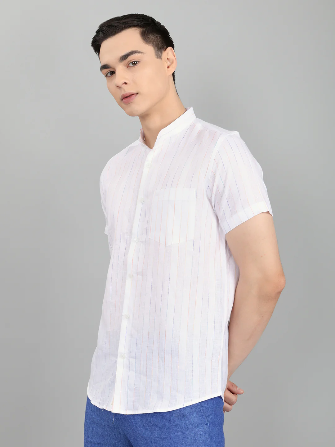 Men White Stripe Collar Half Sleeve Shirt - Image 2