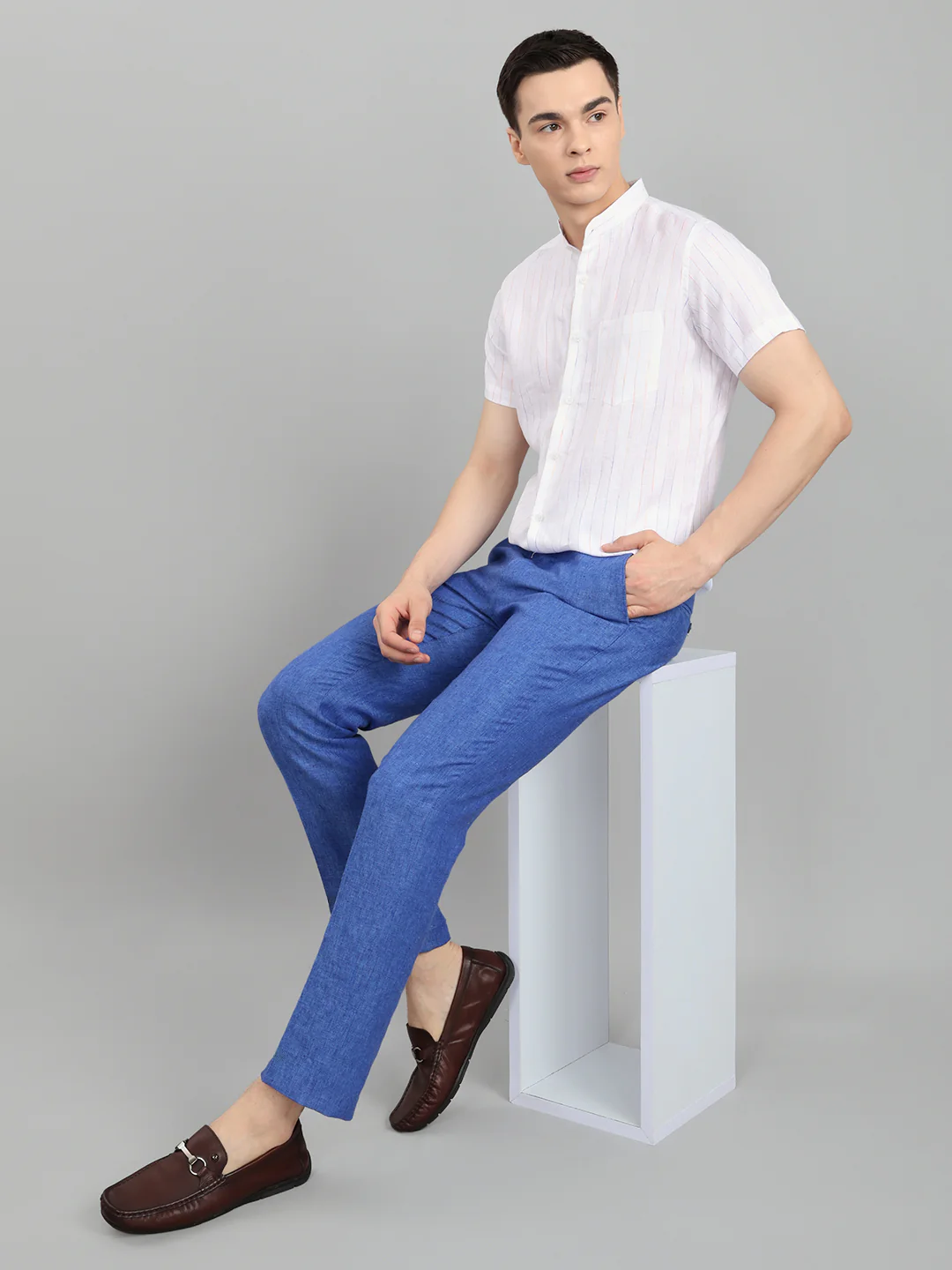 Men White Stripe Collar Half Sleeve Shirt - Image 6