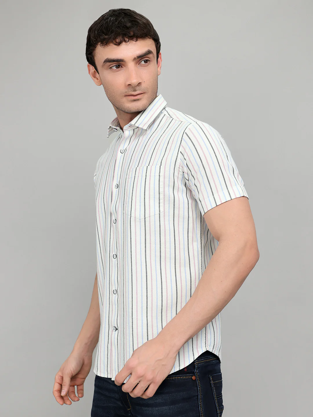 Men White Stripe Collar Half Sleeve Shirt - Image 2