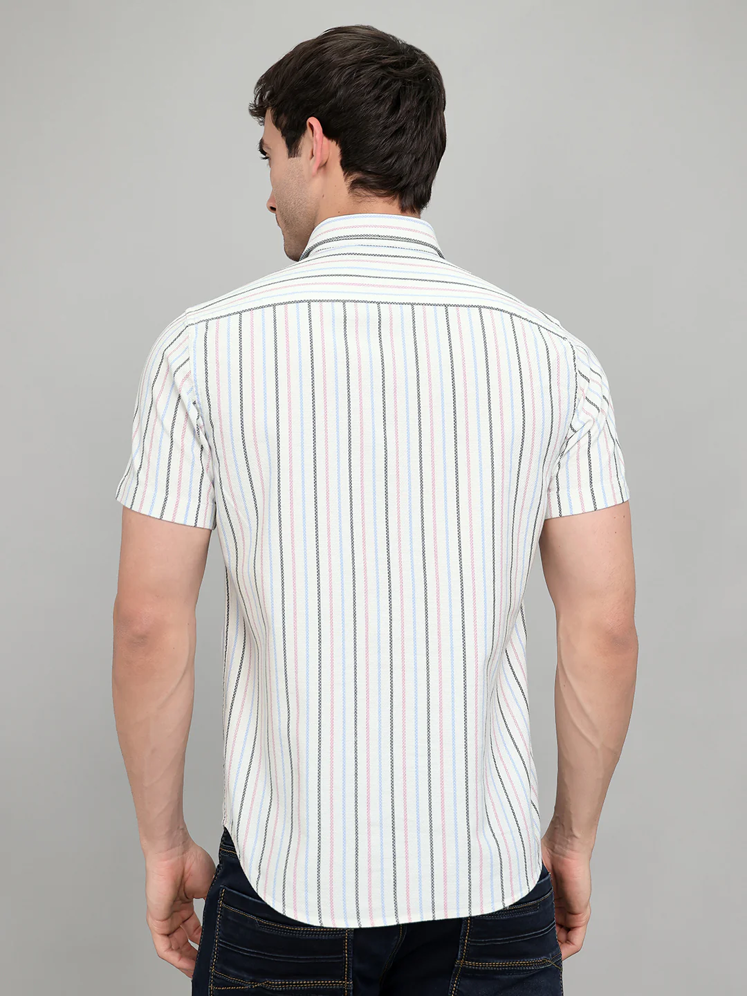 Men White Stripe Collar Half Sleeve Shirt - Image 5