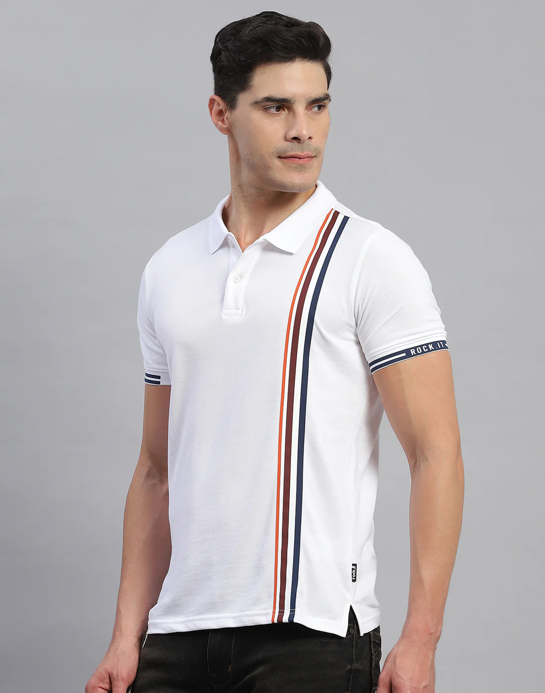 Rock.it Men White Stripe Collar Half Sleeve T-Shirt - Image 3