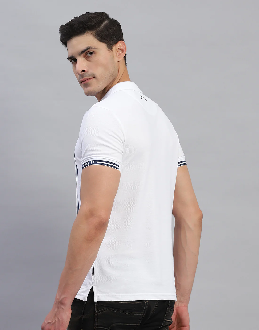 Rock.it Men White Stripe Collar Half Sleeve T-Shirt - Image 5