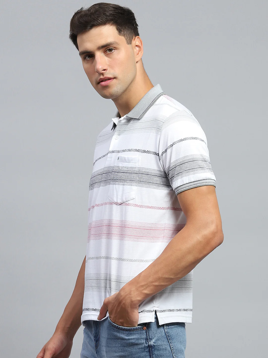 Men White Stripe Collar Half Sleeve T-Shirt - Image 3