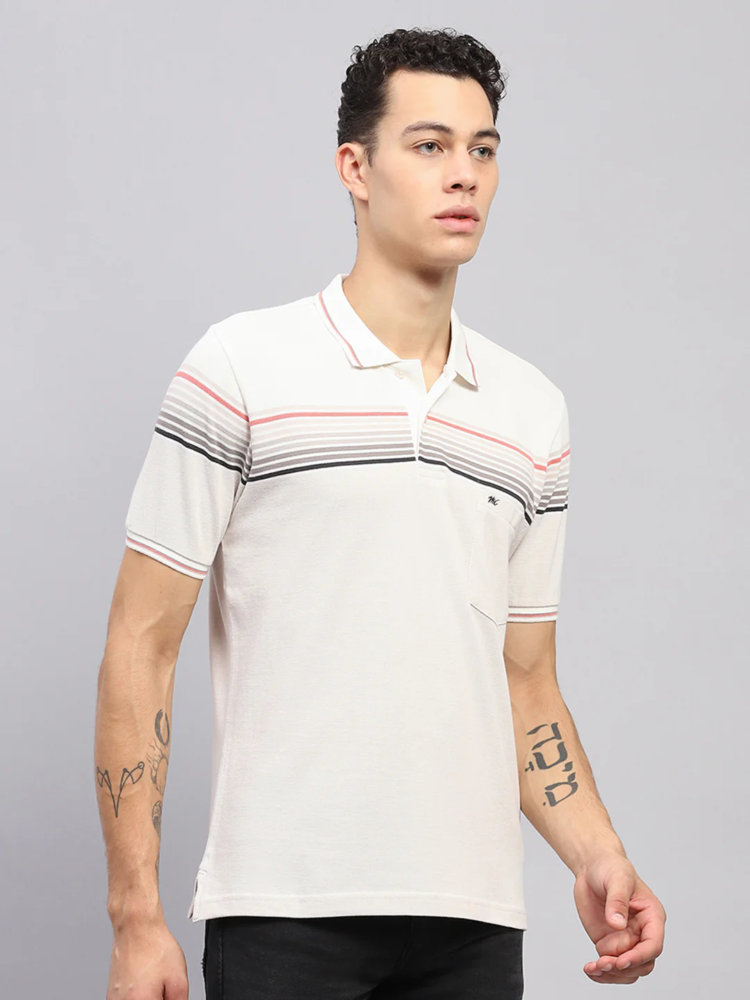 Men White Stripe Collar Half Sleeve T-Shirt - Image 4
