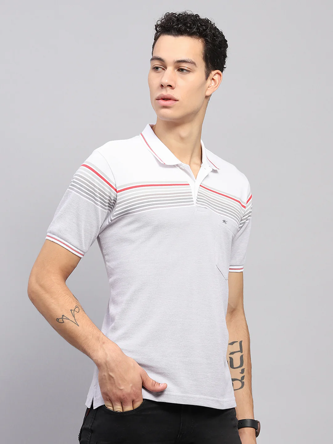 Men White Stripe Collar Half Sleeve T-Shirt - Image 4