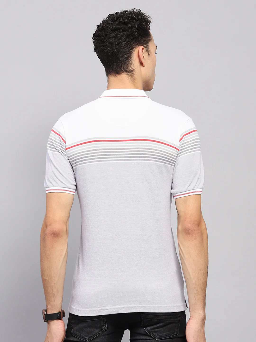 Men White Stripe Collar Half Sleeve T-Shirt - Image 5