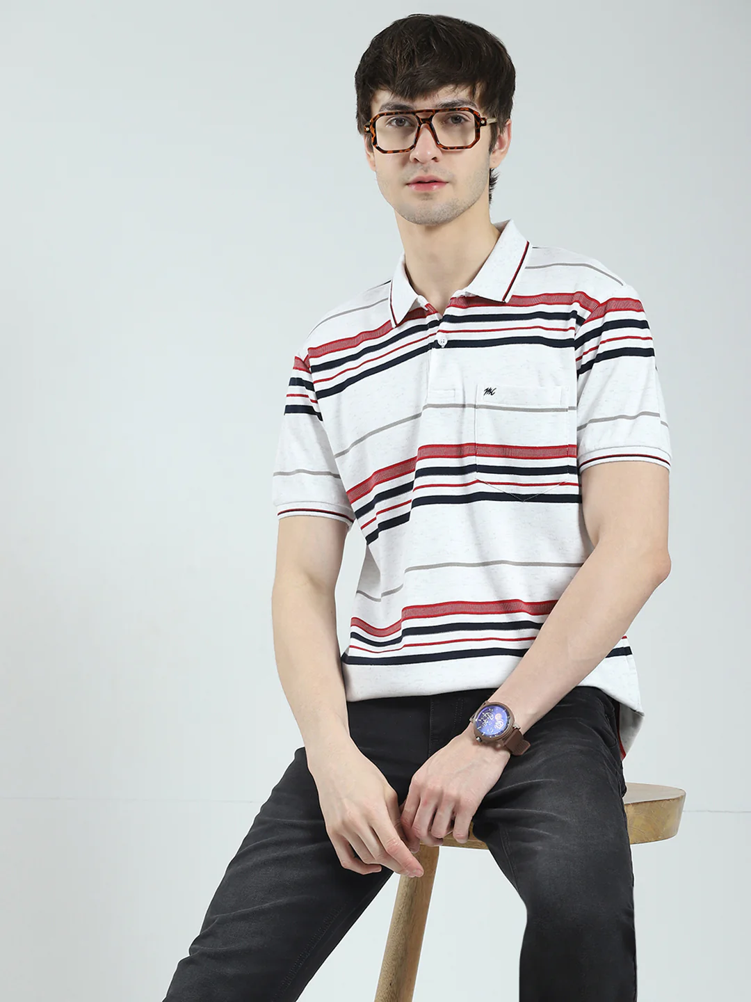 Men White Stripe Collar Half Sleeve T-Shirt - Image 6