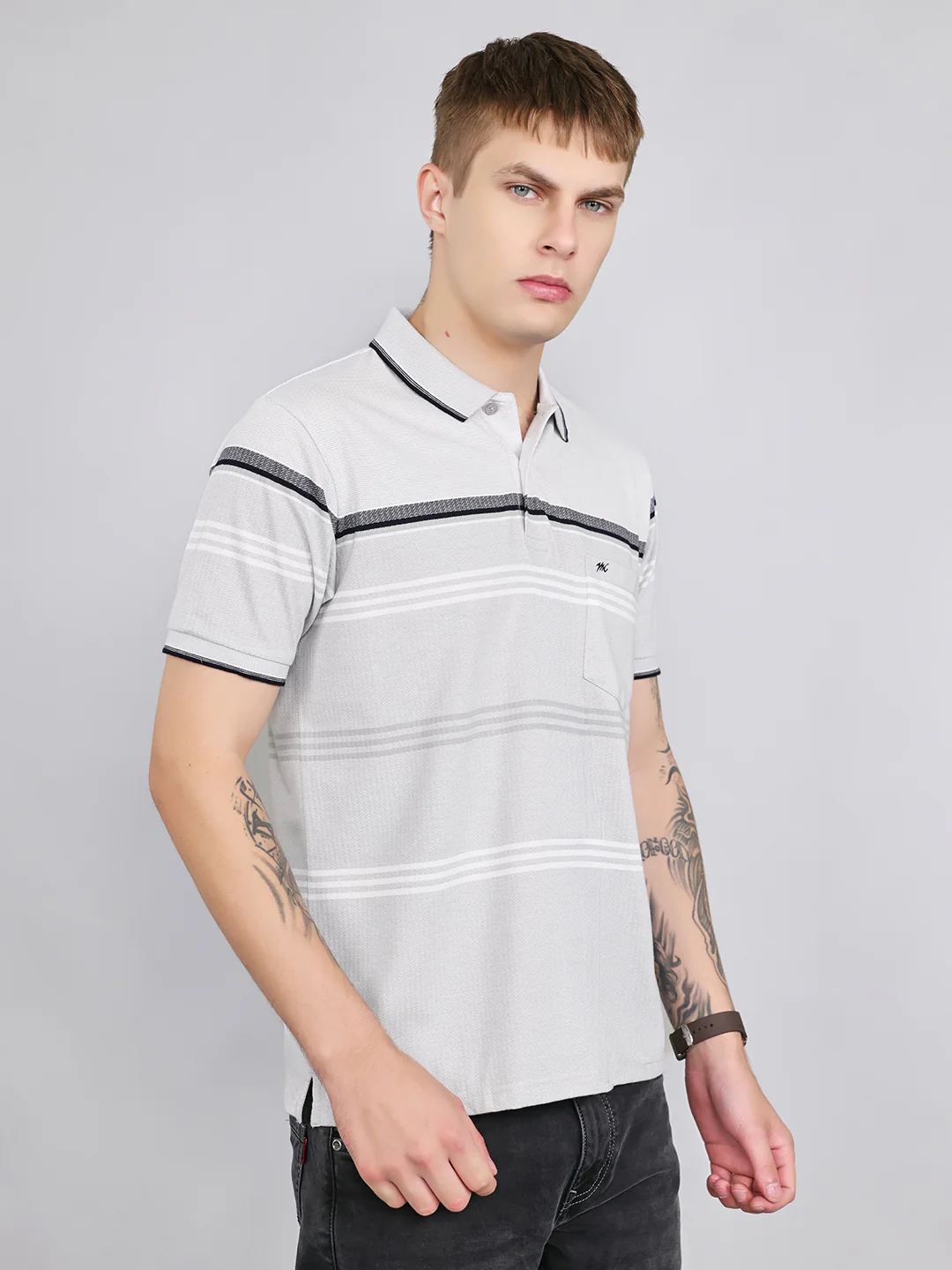 Men White Stripe Collar Half Sleeve T-Shirt - Image 3