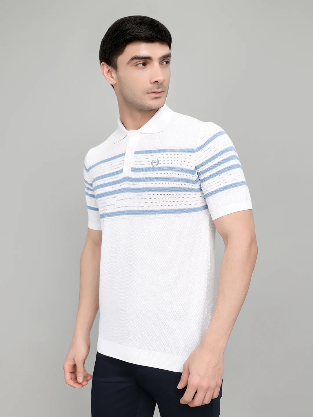 Men White Stripe Collar Half Sleeve T-Shirt - Image 2