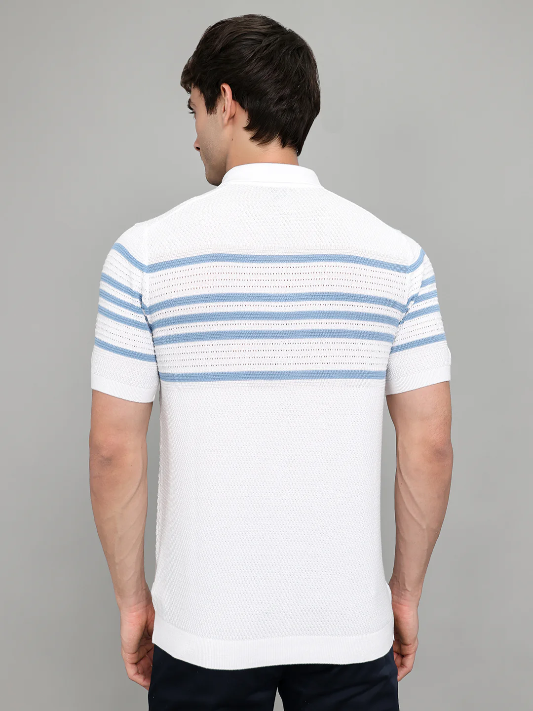 Men White Stripe Collar Half Sleeve T-Shirt - Image 4