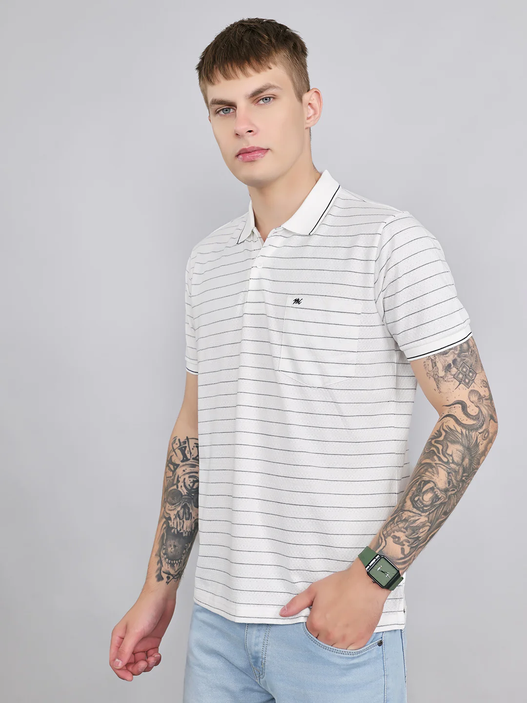 Men White Stripe Collar Half Sleeve T-Shirt - Image 2