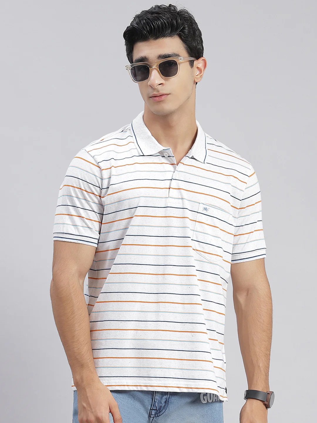 Men White Stripe Collar Half Sleeve T-Shirts - Image 3