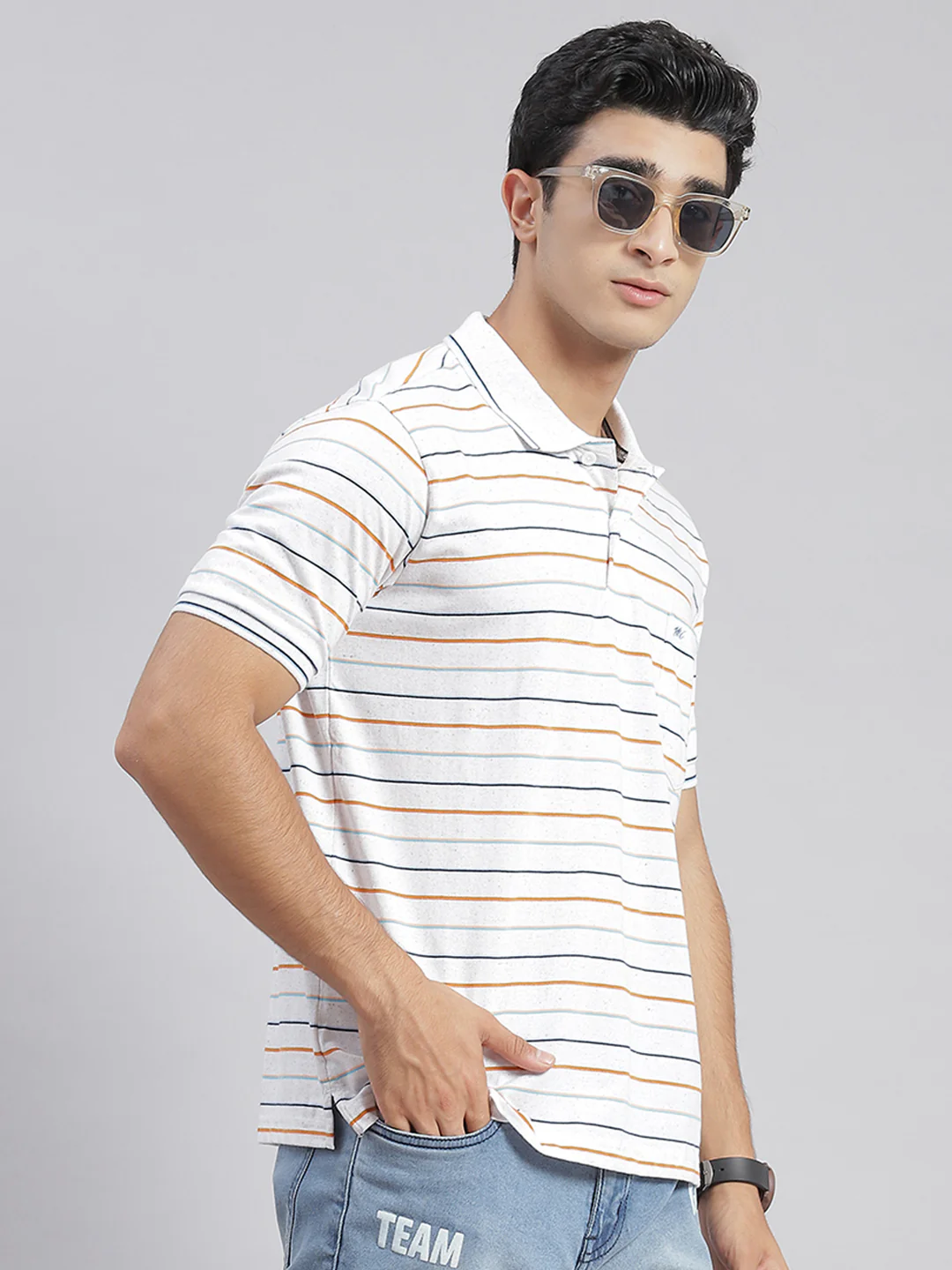 Men White Stripe Collar Half Sleeve T-Shirts - Image 6