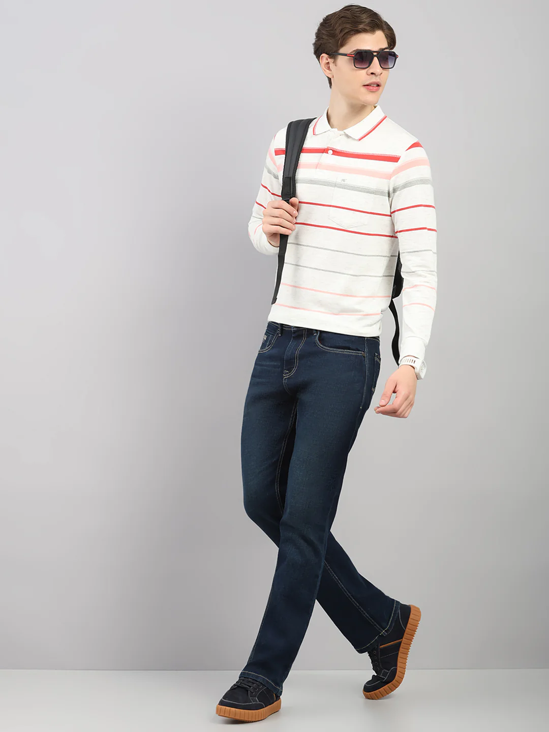 Men White Stripe Polo Collar Full Sleeve Winter T-Shirt - Image 2