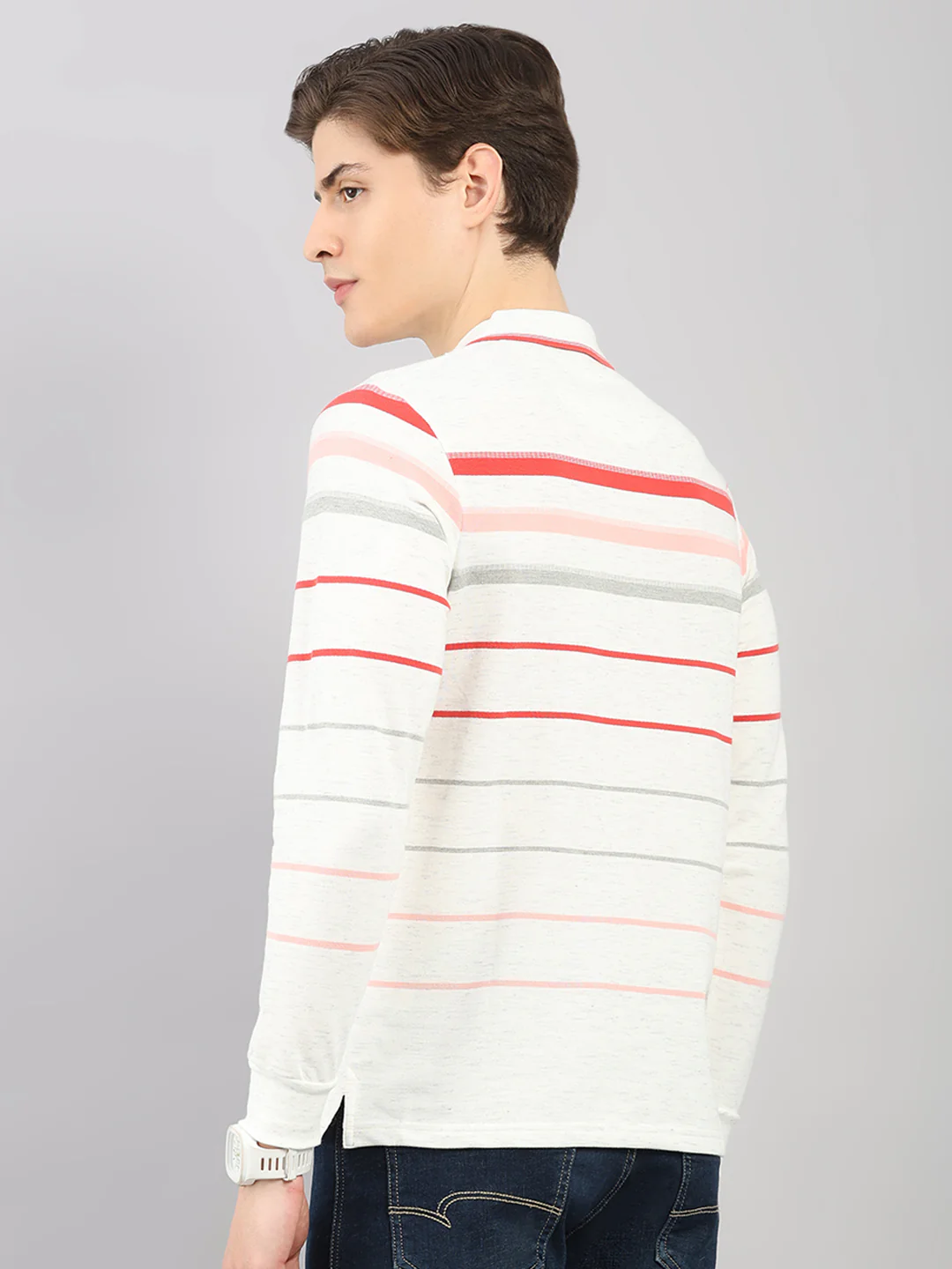 Men White Stripe Polo Collar Full Sleeve Winter T-Shirt - Image 5