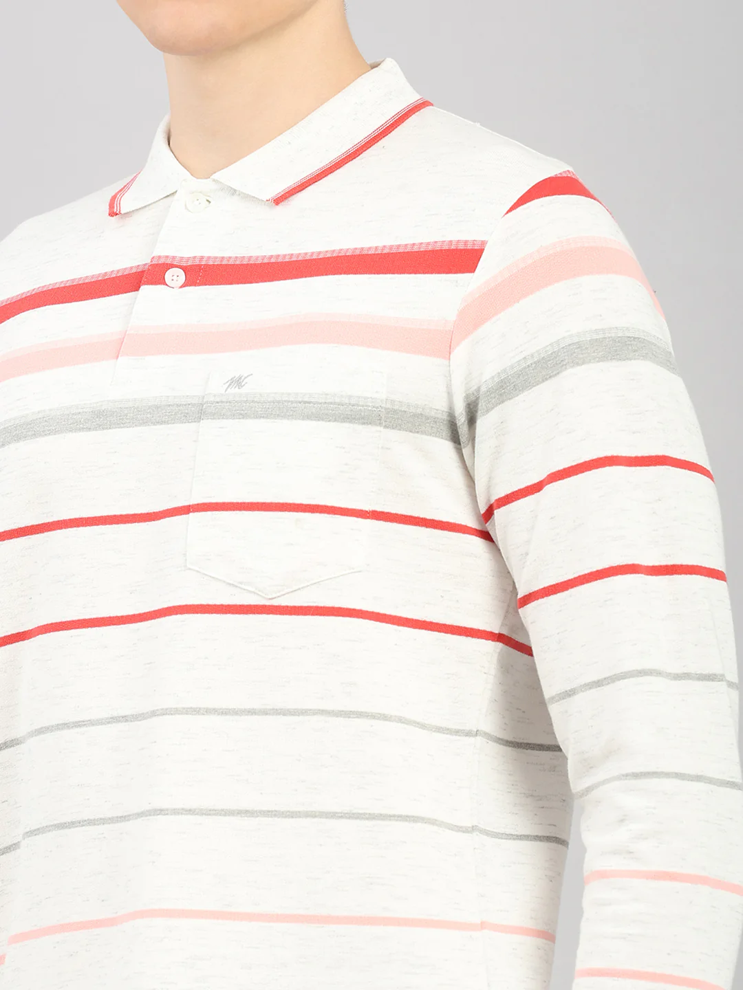 Men White Stripe Polo Collar Full Sleeve Winter T-Shirt - Image 6