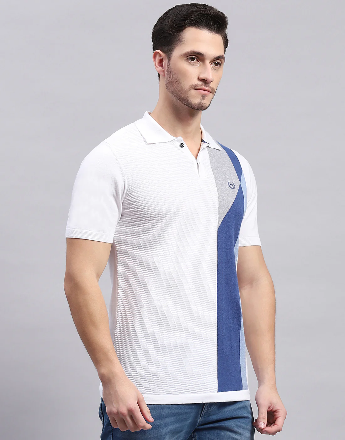 Men White Stripe Polo Collar Half Sleeve T-Shirt - Image 5