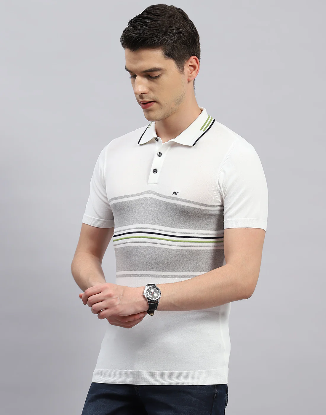 Men White Stripe Polo Collar Half Sleeve T-Shirt - Image 3