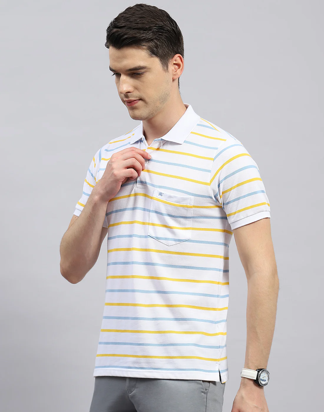 Men White Stripe Polo Collar Half Sleeve T-Shirt - Image 3