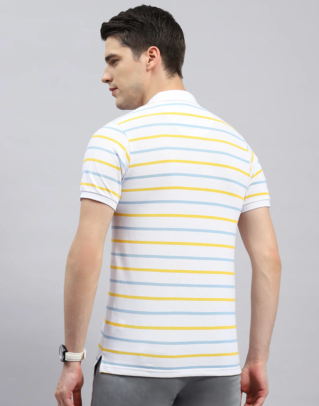 Men White Stripe Polo Collar Half Sleeve T-Shirt - Image 5