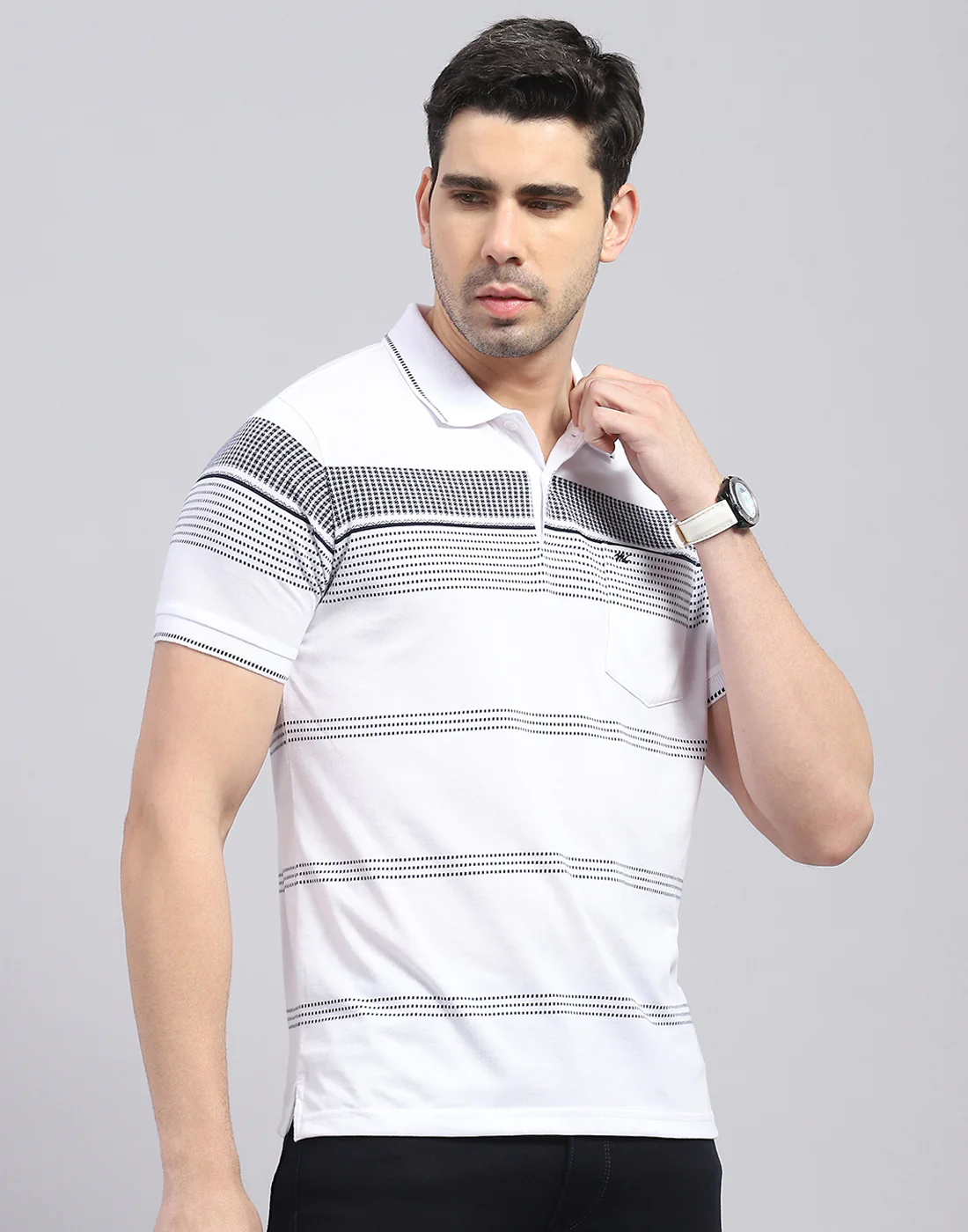 Men White Stripe Polo Collar Half Sleeve T-Shirt - Image 4