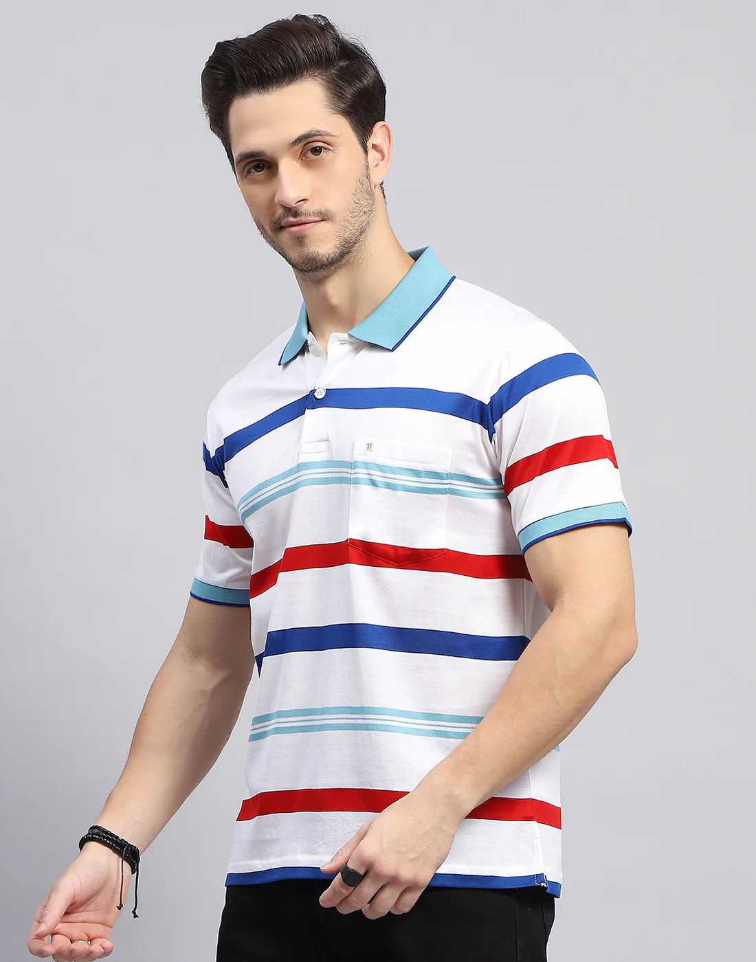 Men White Stripe Polo Collar Half Sleeve T-Shirt - Image 3