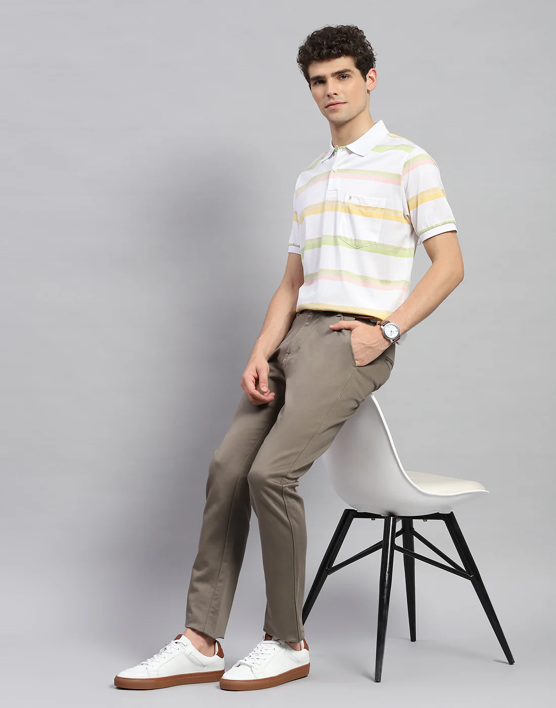 Men White Stripe Polo Collar Half Sleeve T-Shirt - Image 2
