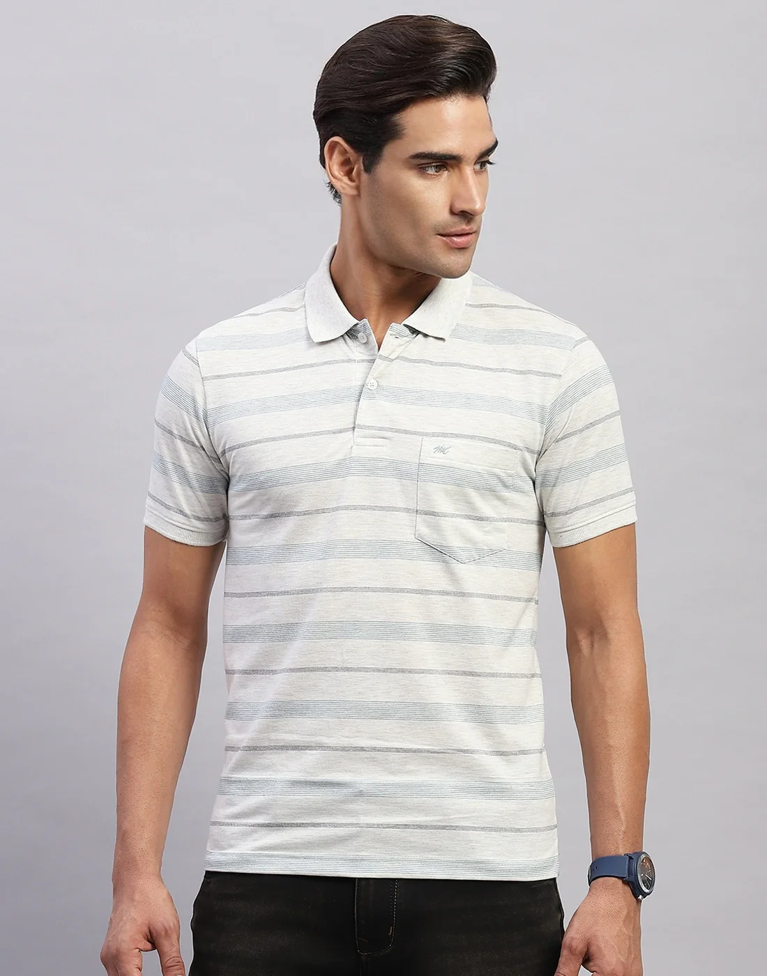 Men White Stripe Polo Collar Half Sleeve T-Shirt - Image 2