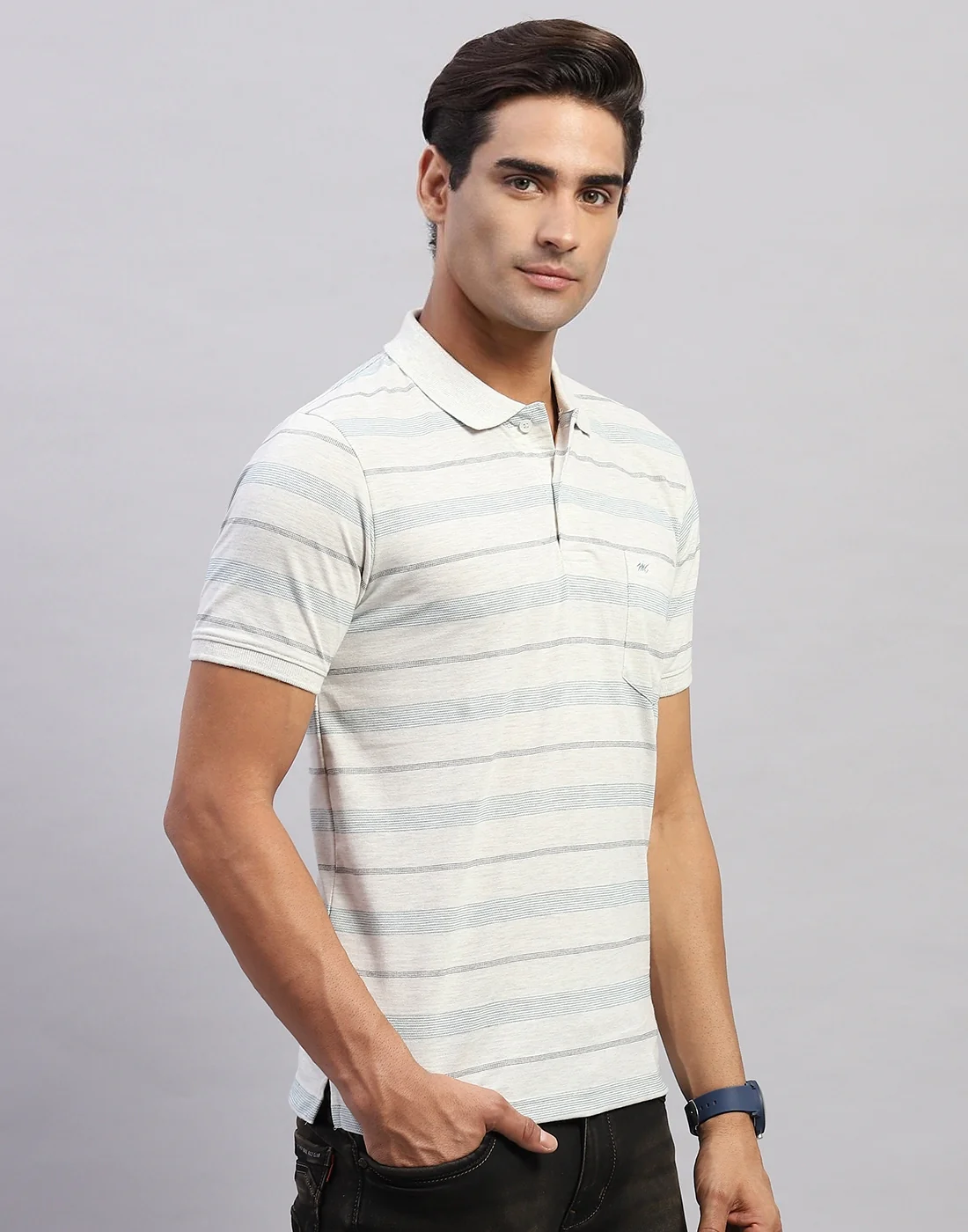 Men White Stripe Polo Collar Half Sleeve T-Shirt - Image 4