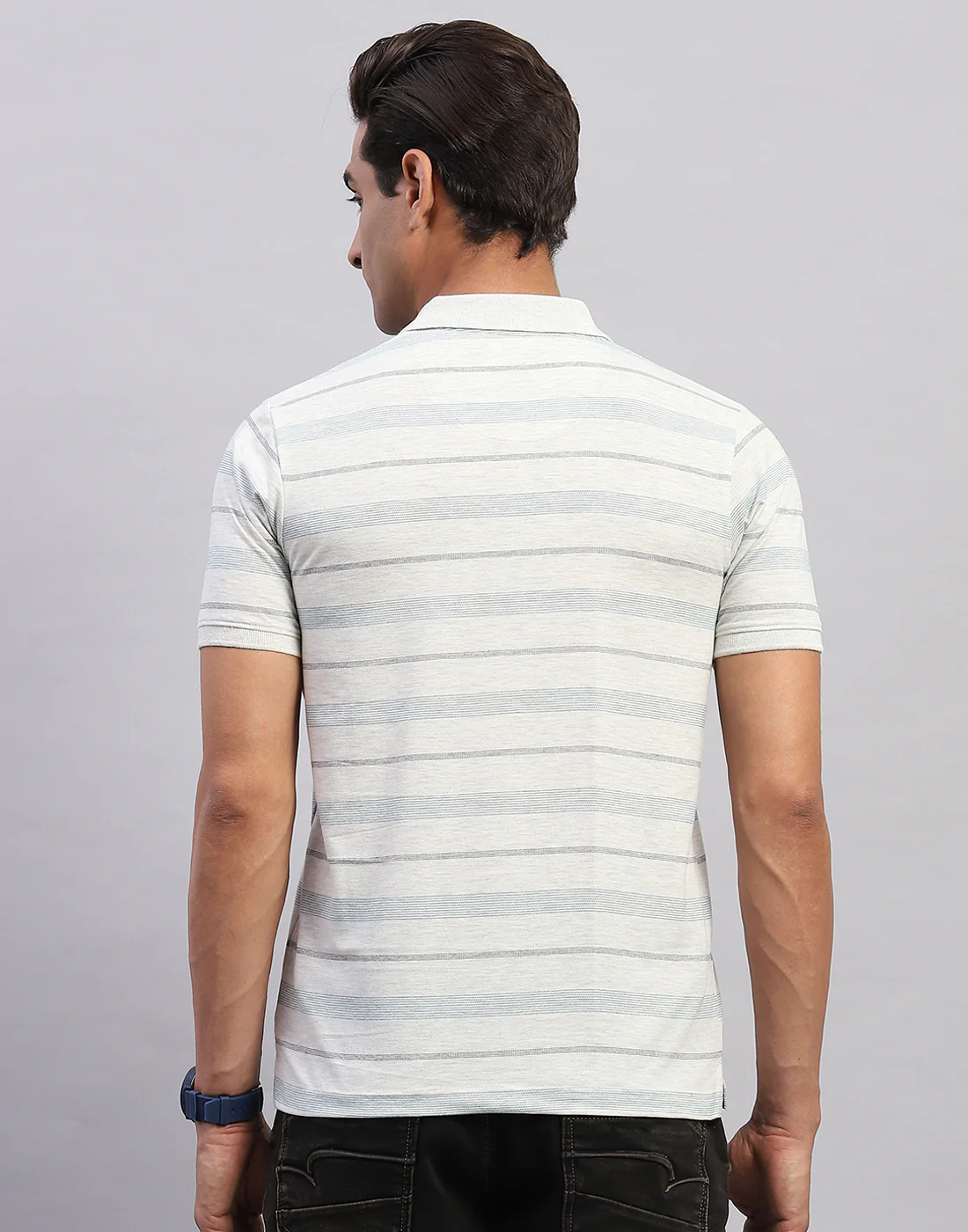 Men White Stripe Polo Collar Half Sleeve T-Shirt - Image 5