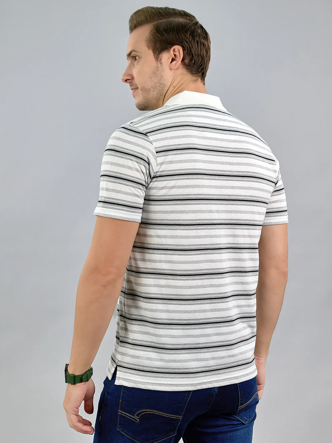 Men White Stripe Polo Collar Half Sleeve T-Shirt - Image 4