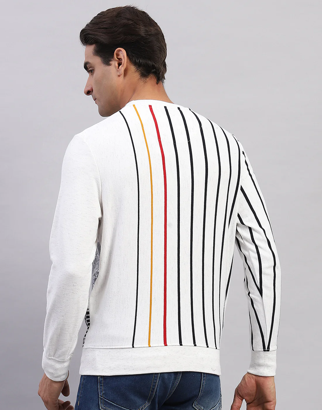 Men White Stripe Round Neck Full Sleeve Sweatshirt - Image 5