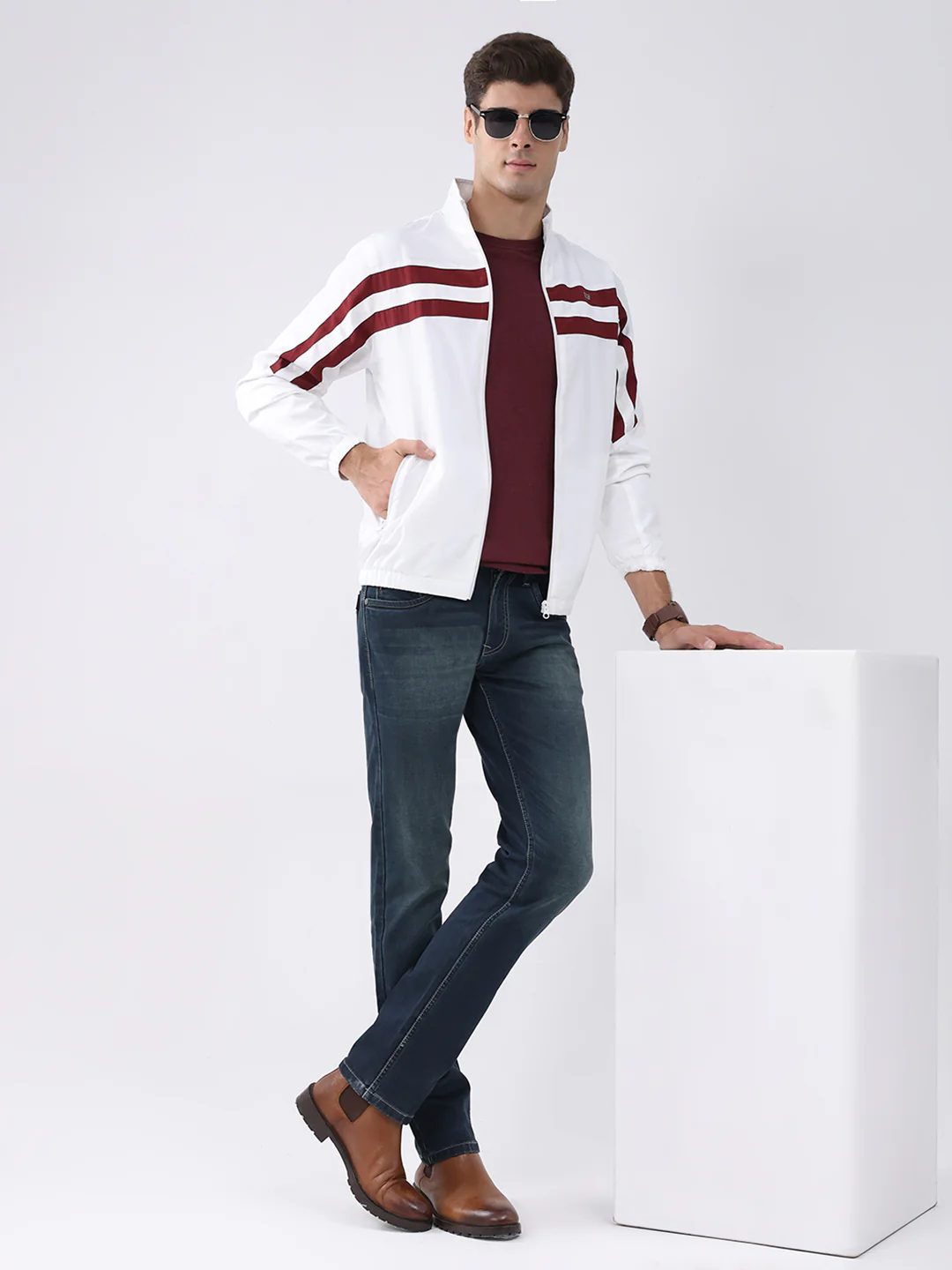 Men White Stripe Stand Collar Full Sleeve Jacket - Image 2