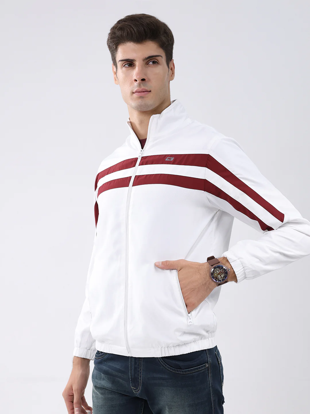 Men White Stripe Stand Collar Full Sleeve Jacket - Image 3
