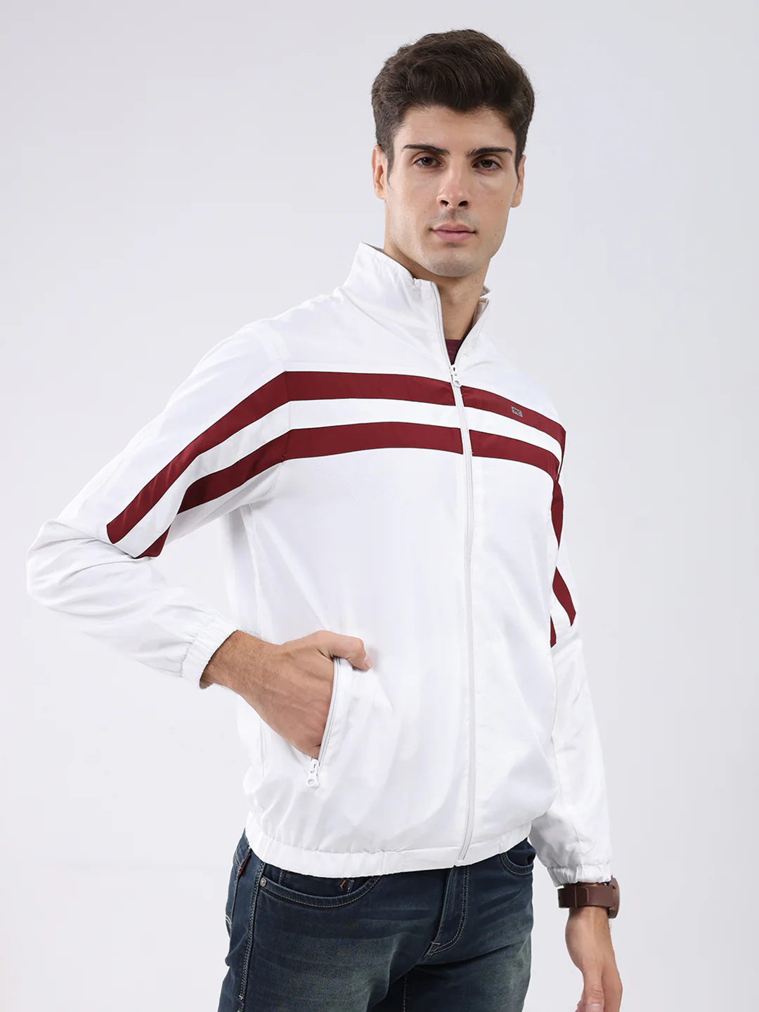 Men White Stripe Stand Collar Full Sleeve Jacket - Image 4