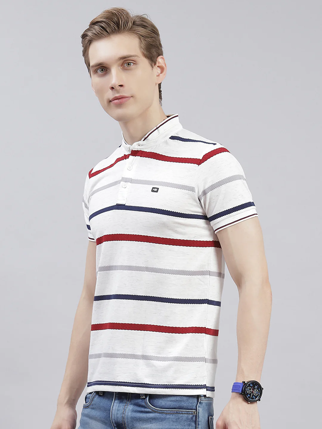 Men White Stripe Stand Collar Half Sleeve T-Shirts - Image 3