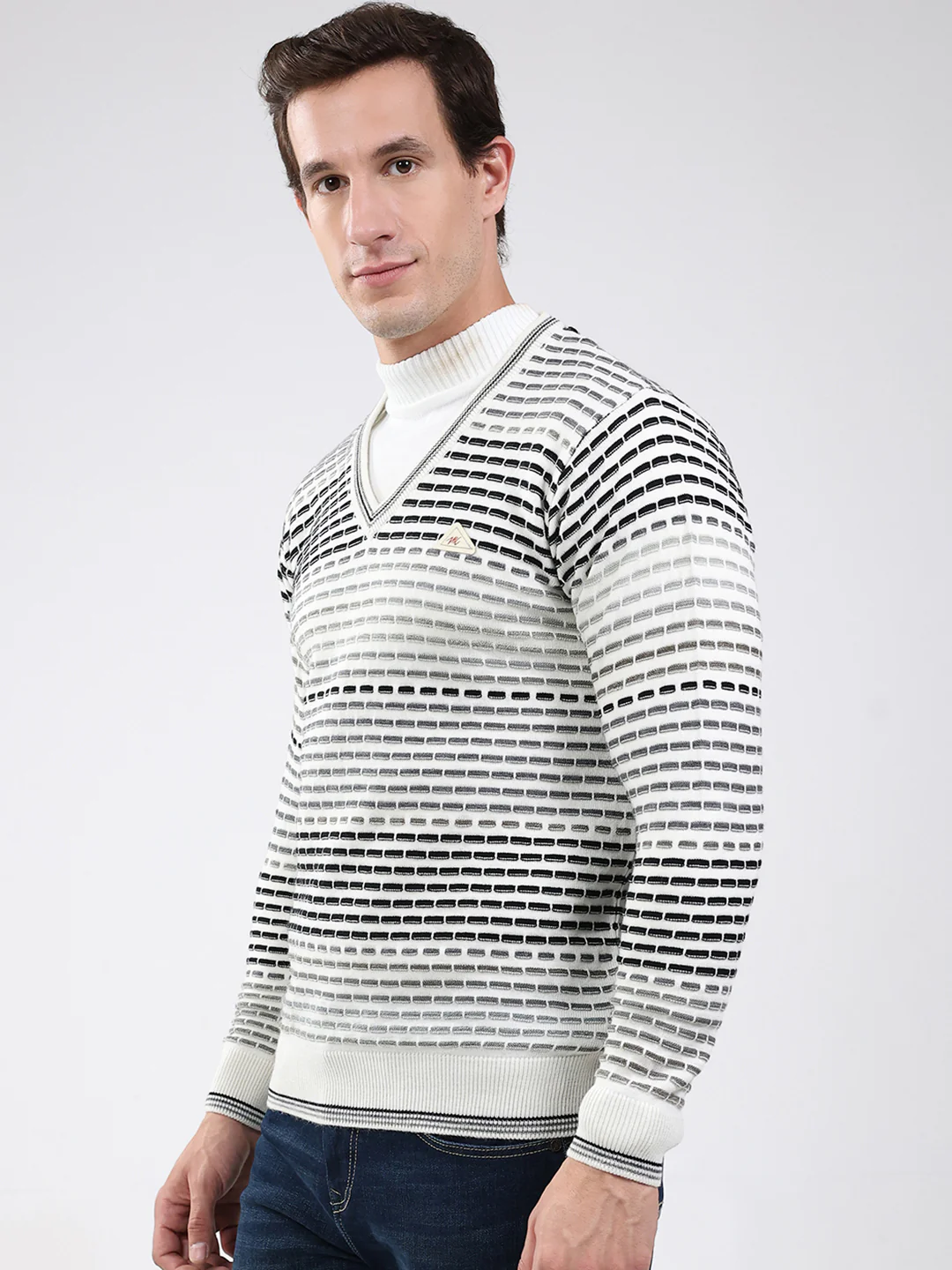 Men White Stripe V Neck Full Sleeve Pullover - Image 3