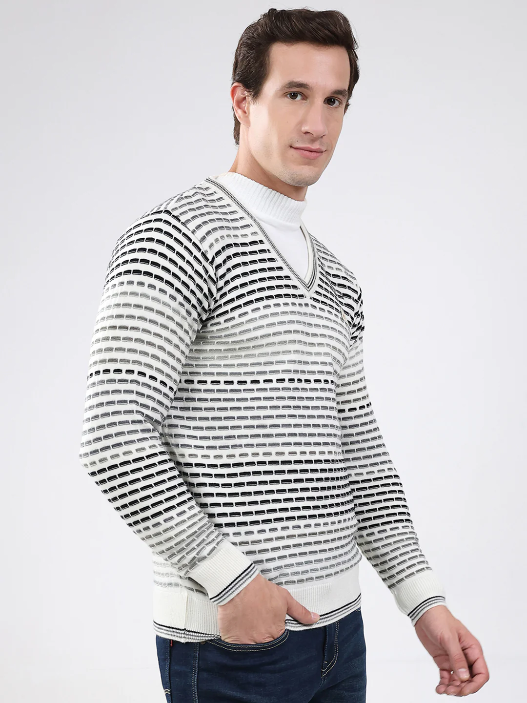 Men White Stripe V Neck Full Sleeve Pullover - Image 4