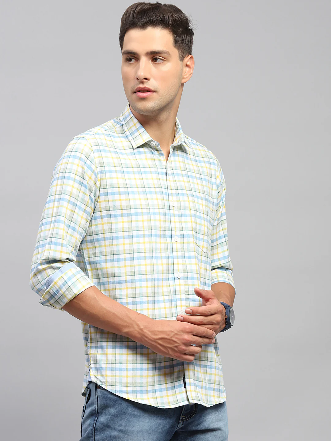 Men Yellow & Blue Check Spread Collar Full Sleeve Shirt - Image 4