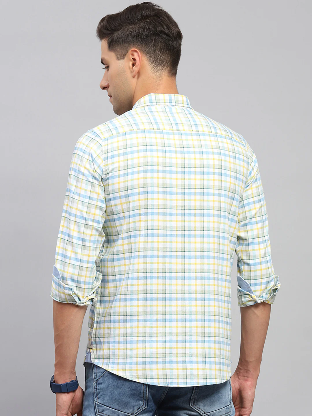 Men Yellow & Blue Check Spread Collar Full Sleeve Shirt - Image 5