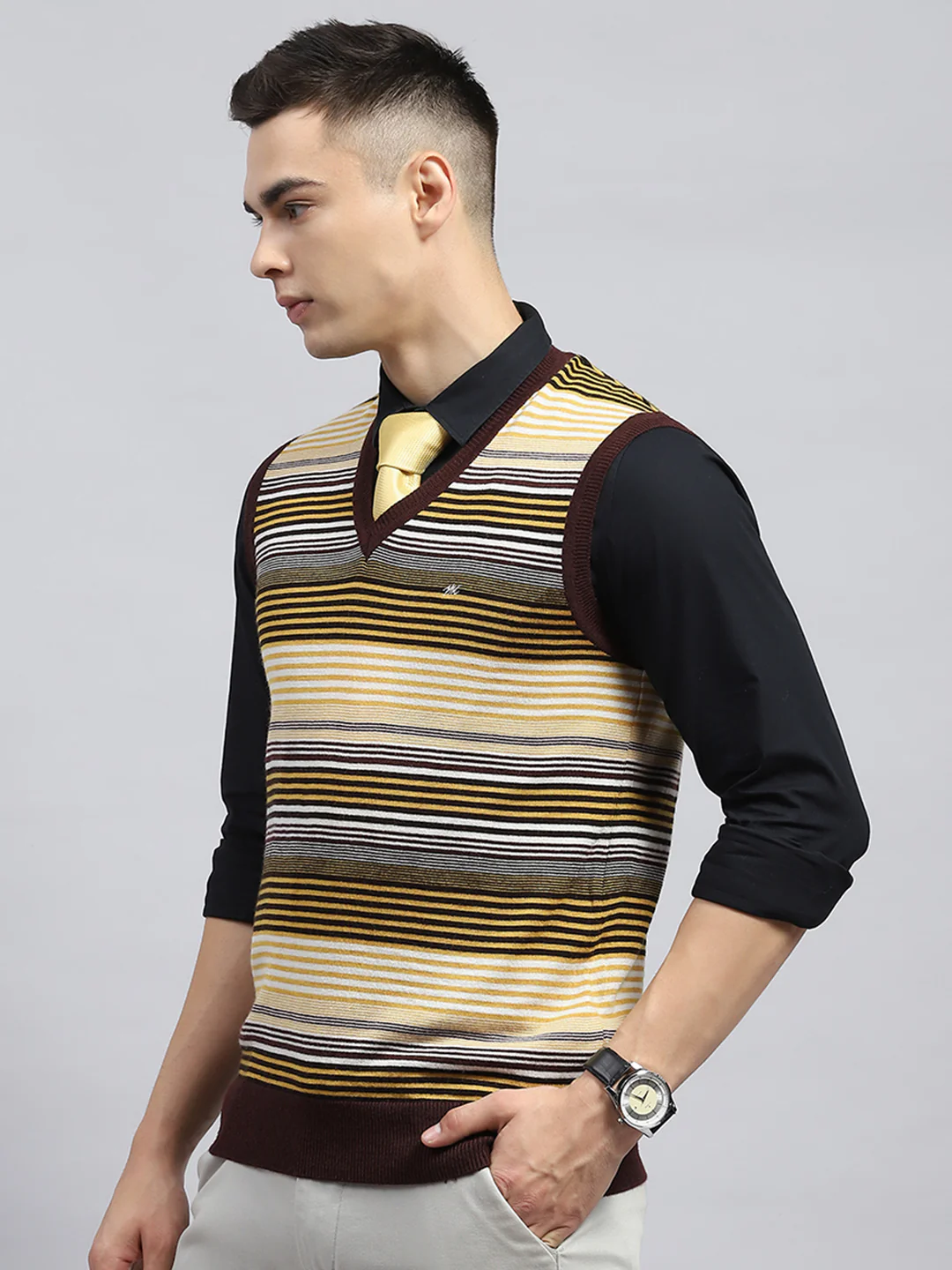 Men Yellow & Brown Stripe V Neck Sleeveless Sweater - Image 3